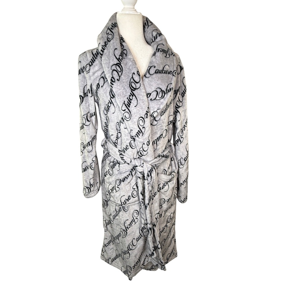 Juicy Couture Heather Gray Script Plush Robe S/M Logo Print Sleepwear NWT